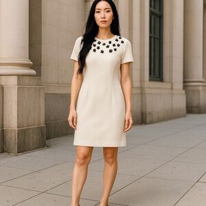 Karl Lagerfeld Paris Cream Shift Dress with Floral Embellishments- Size 2 NWT
